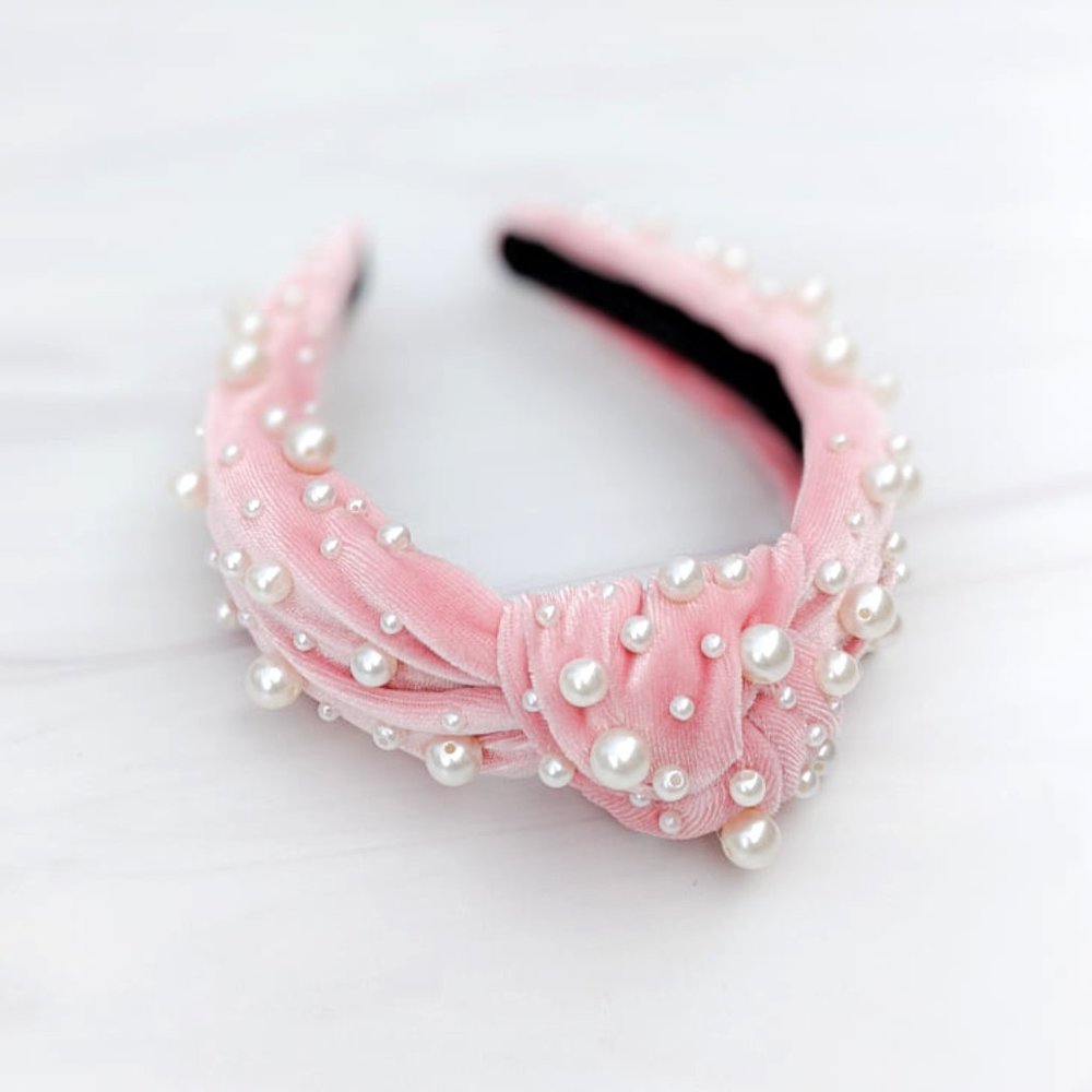 Pink Pearl Knot Velvet Headband Pearl Beads Handmade Knotted Turban Maximalist